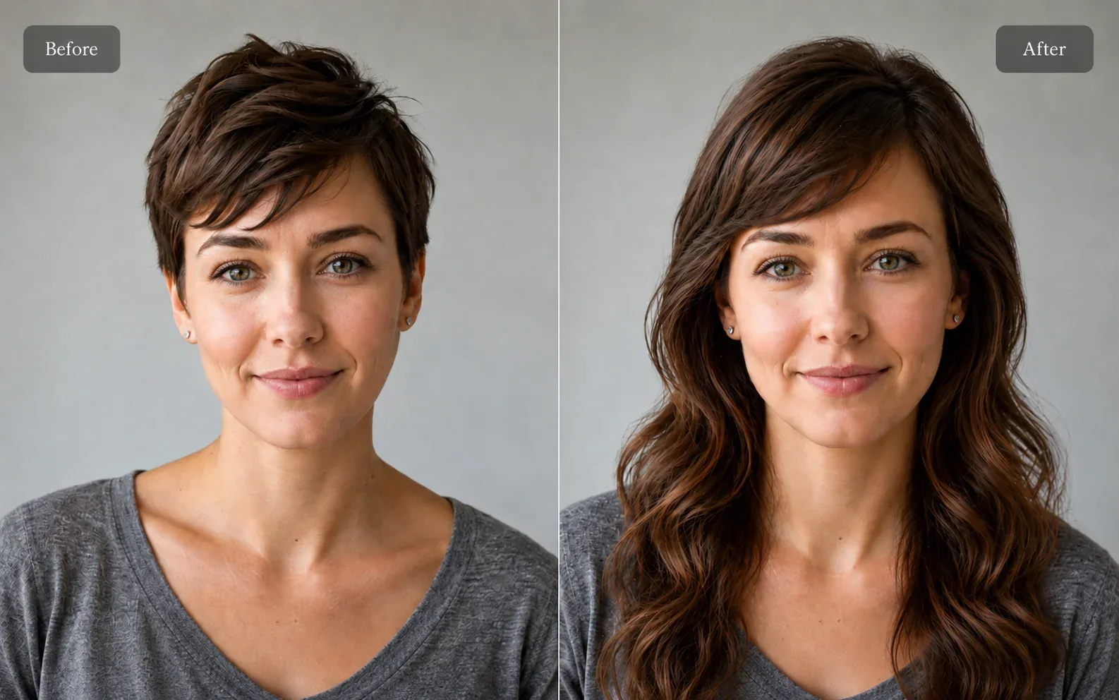 A long wavy hairstyle example applied to a portrait with Pixredi AI Hairstyle Try-On