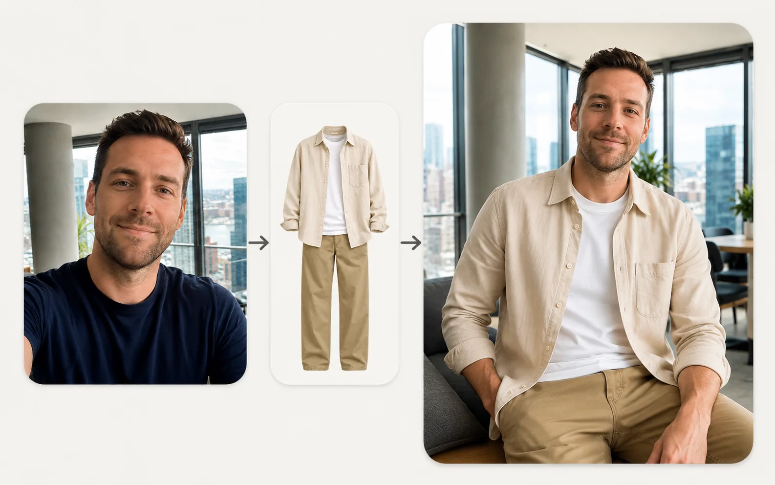 A person wearing an outfit in a realistic AI virtual try-on example