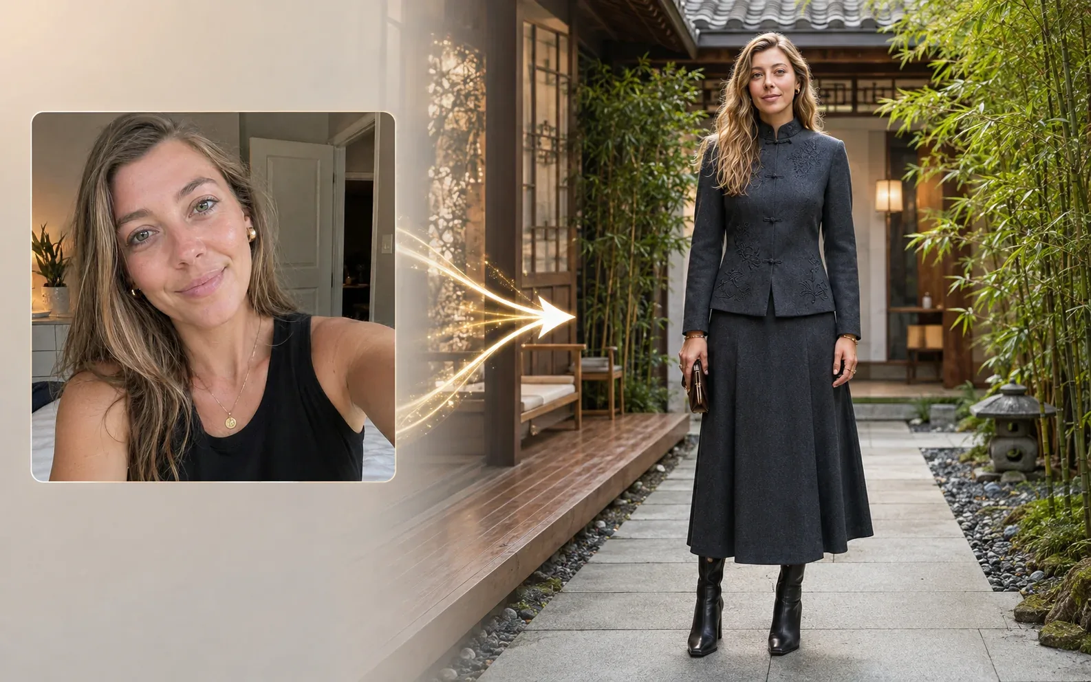 A person in a full-body fashion look inspired by a world style