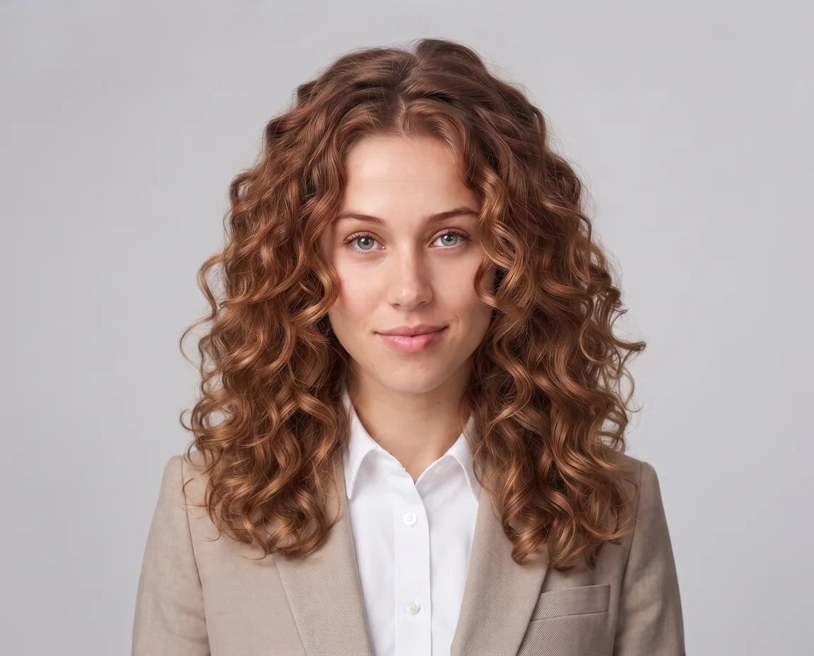 A portrait with a curly AI hairstyle and hair color